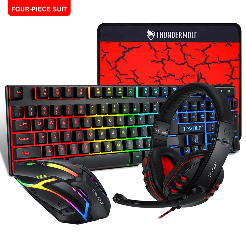 Thunder Wolf T800 wired computer peripheral bundle showing keyboard, mouse, headset, and mouse pad