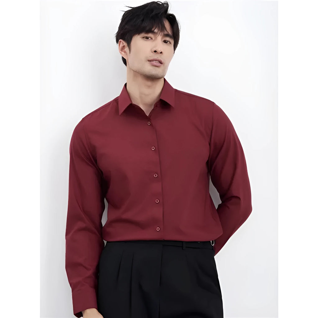 Men's wine red slim fit long sleeve cardigan shirt laid flat, showing plain colour and button front.