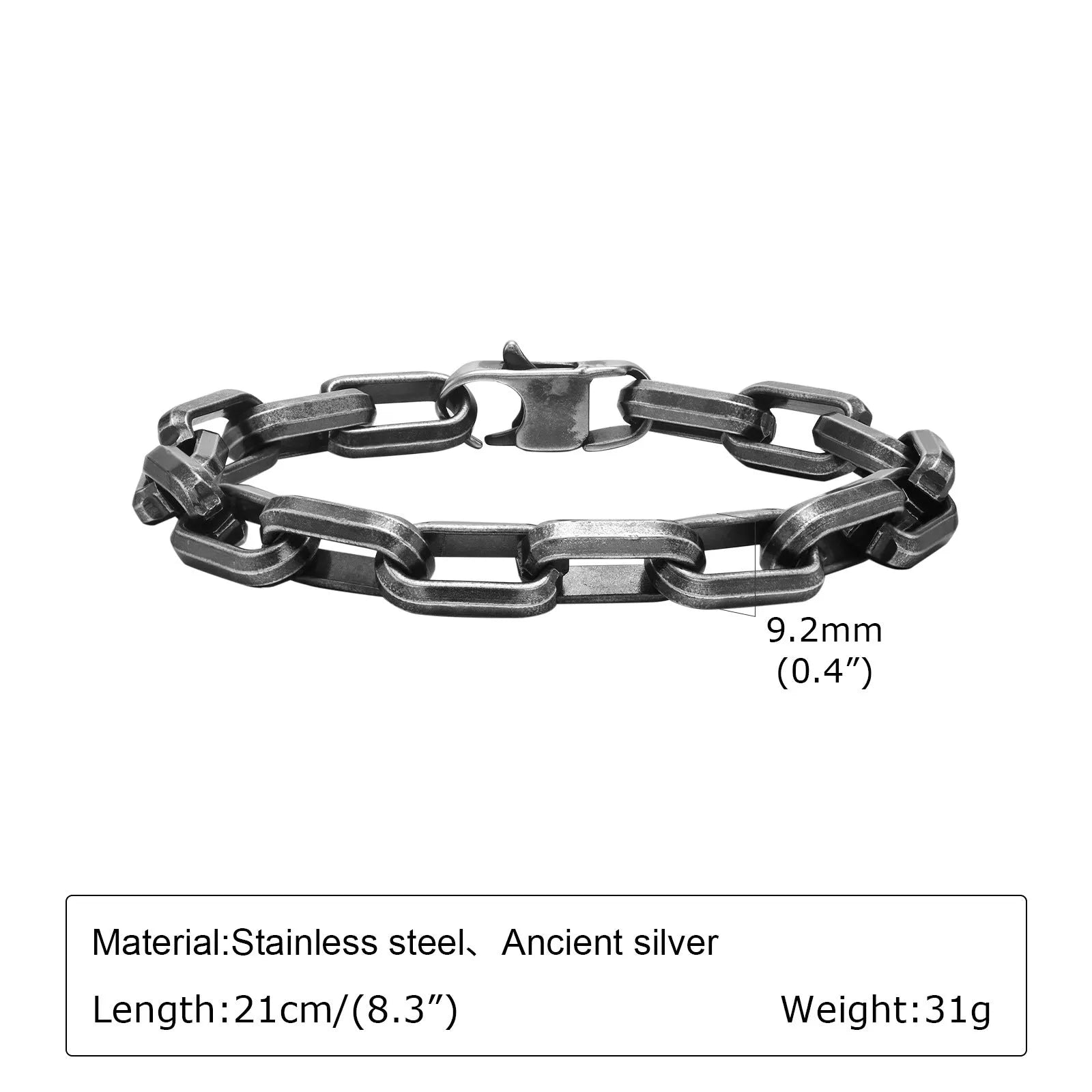 Men's titanium steel square chain bracelet in steel, gold, black, or retro electroplated finishes.