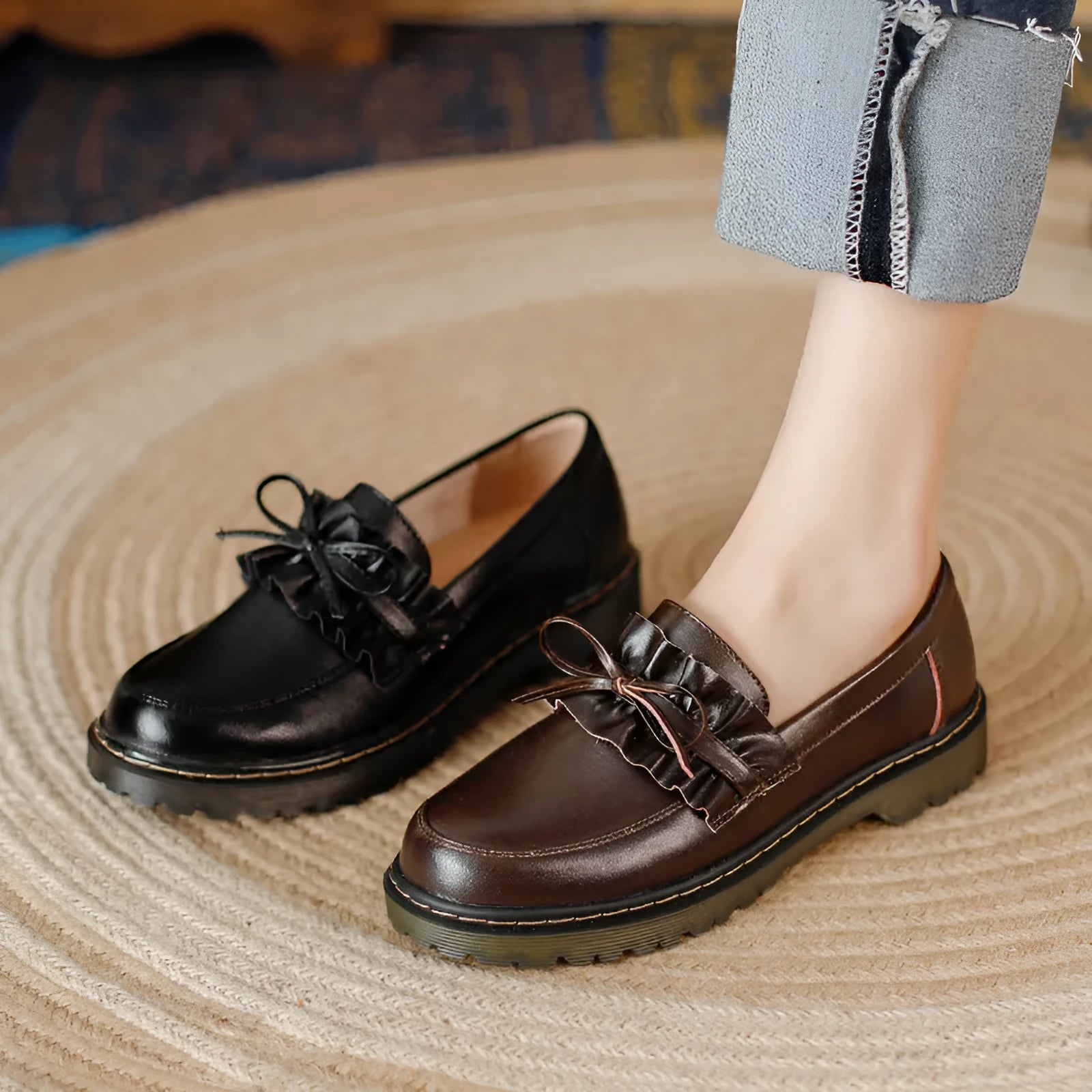British style round head chunky low heel women's leather shoes in black and brown colours