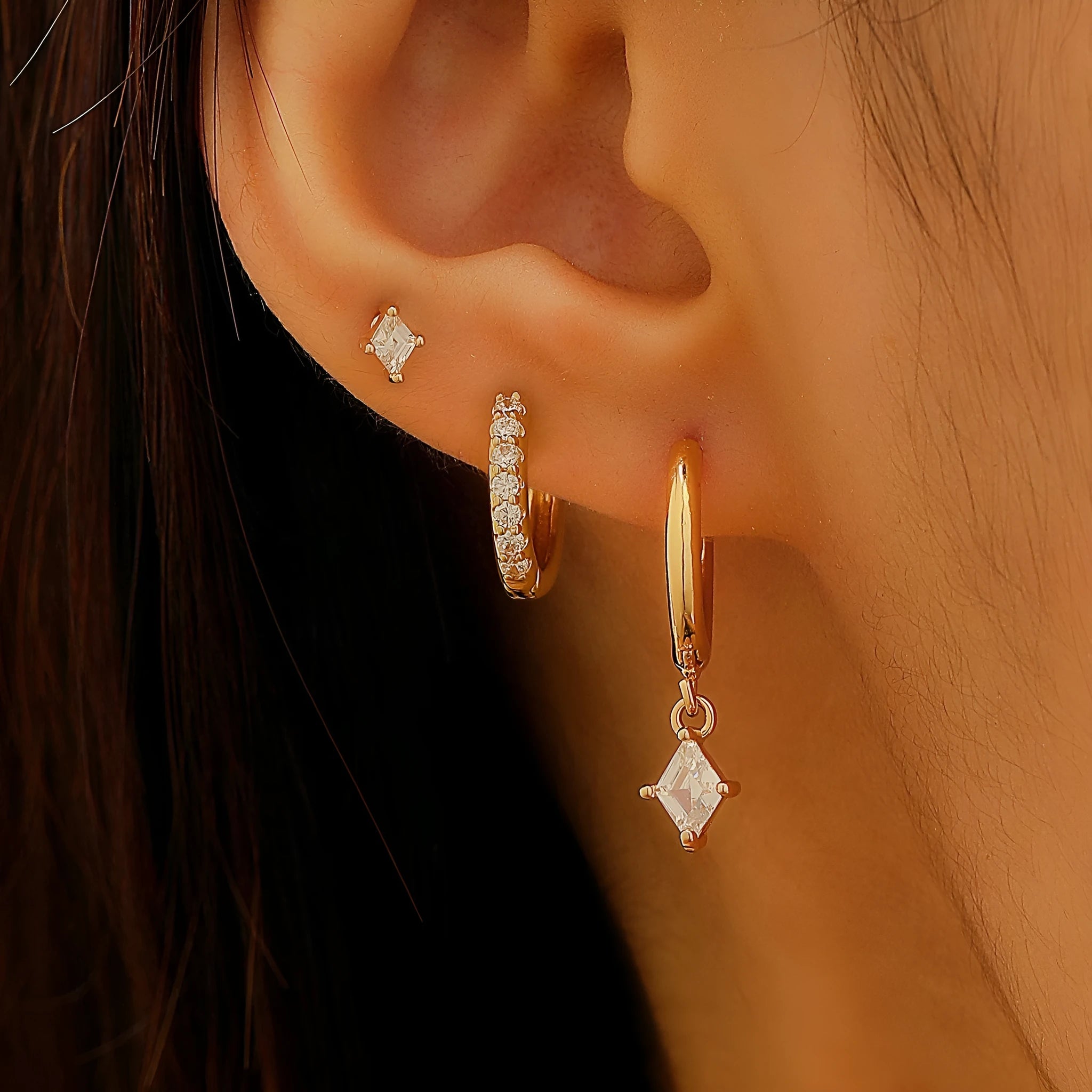 Geometric triangle and rhombus zircon earrings in gold and silver with stud, pendant, and clip styles