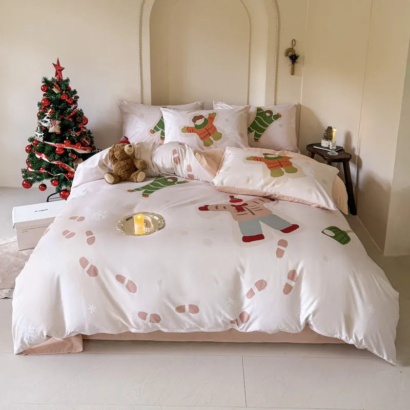 Cartoon printed super soft washed cotton chemical fibre four-piece bedding set on a bed.
