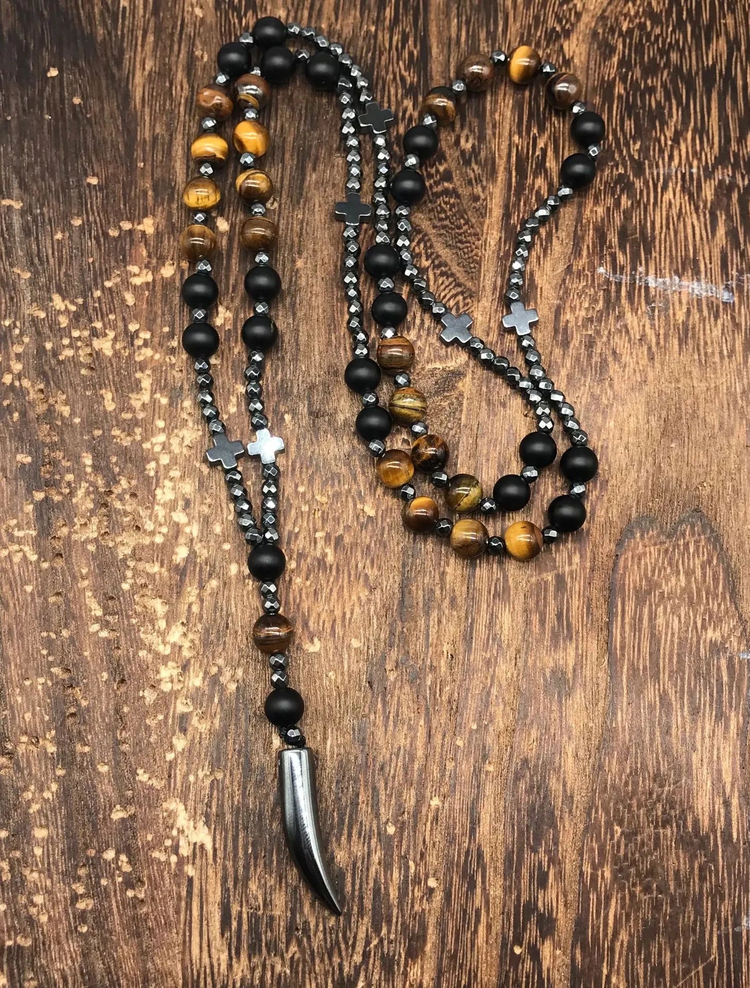 Men's stone cross pendant necklace on ball bead chain with safety lock clasp