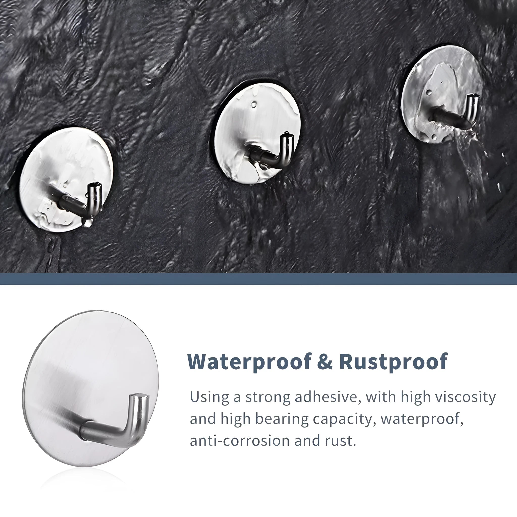Two stainless steel self-adhesive hooks on a surface, one black and one polished.