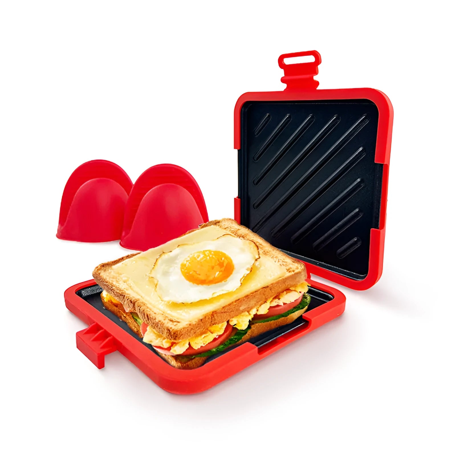 Red silicone baking tray and matching anti-scald gloves set on a kitchen counter.