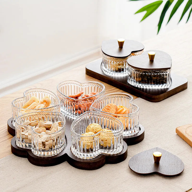Glass snack platter with heart-shaped lids and multiple grid compartments in retro style