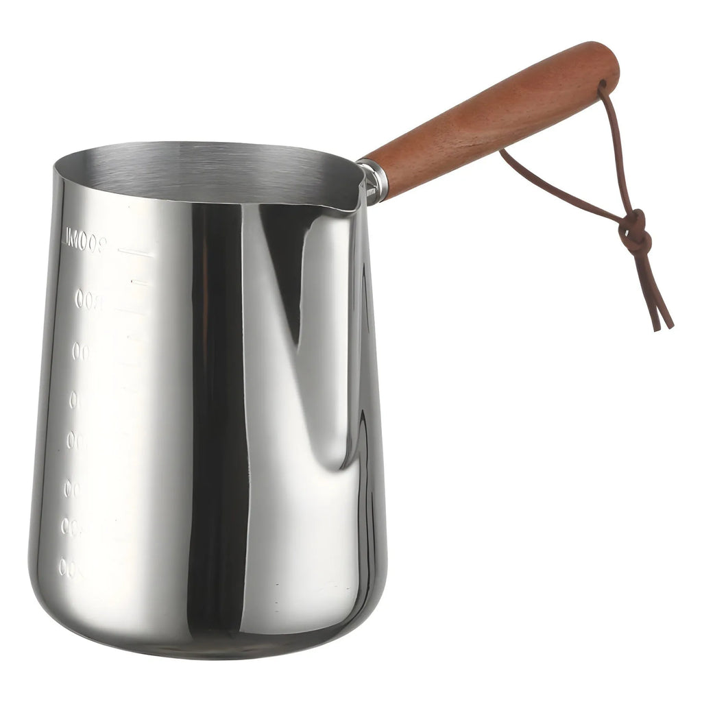 Stainless steel coffee cup with wooden handle and garland design in three capacity options