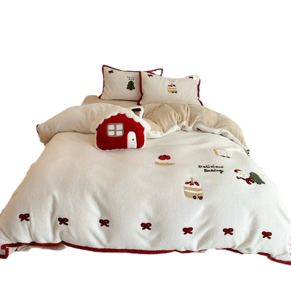Winter Christmas bed sheet four-piece set with girl's heart cartoon design in polyester fabric