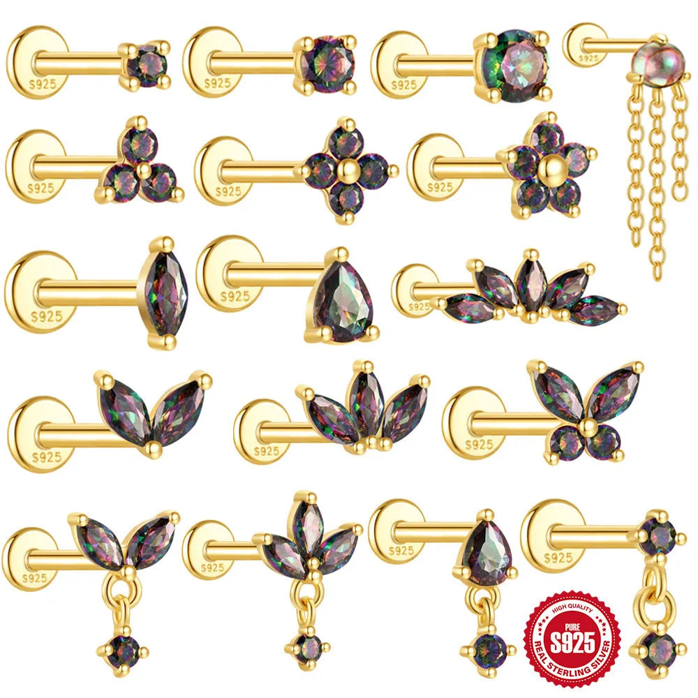 S925 sterling silver piercing earrings with rainbow stone flat head thread in gold colours