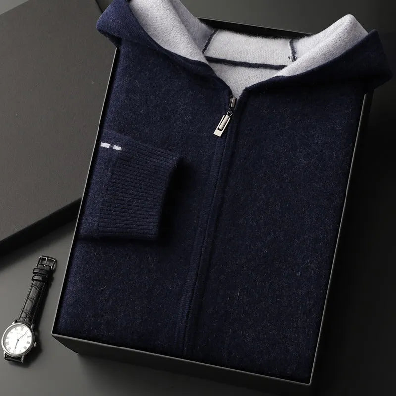 Men's dark blue cashmere cardigan sweater with half-high collar and front zipper