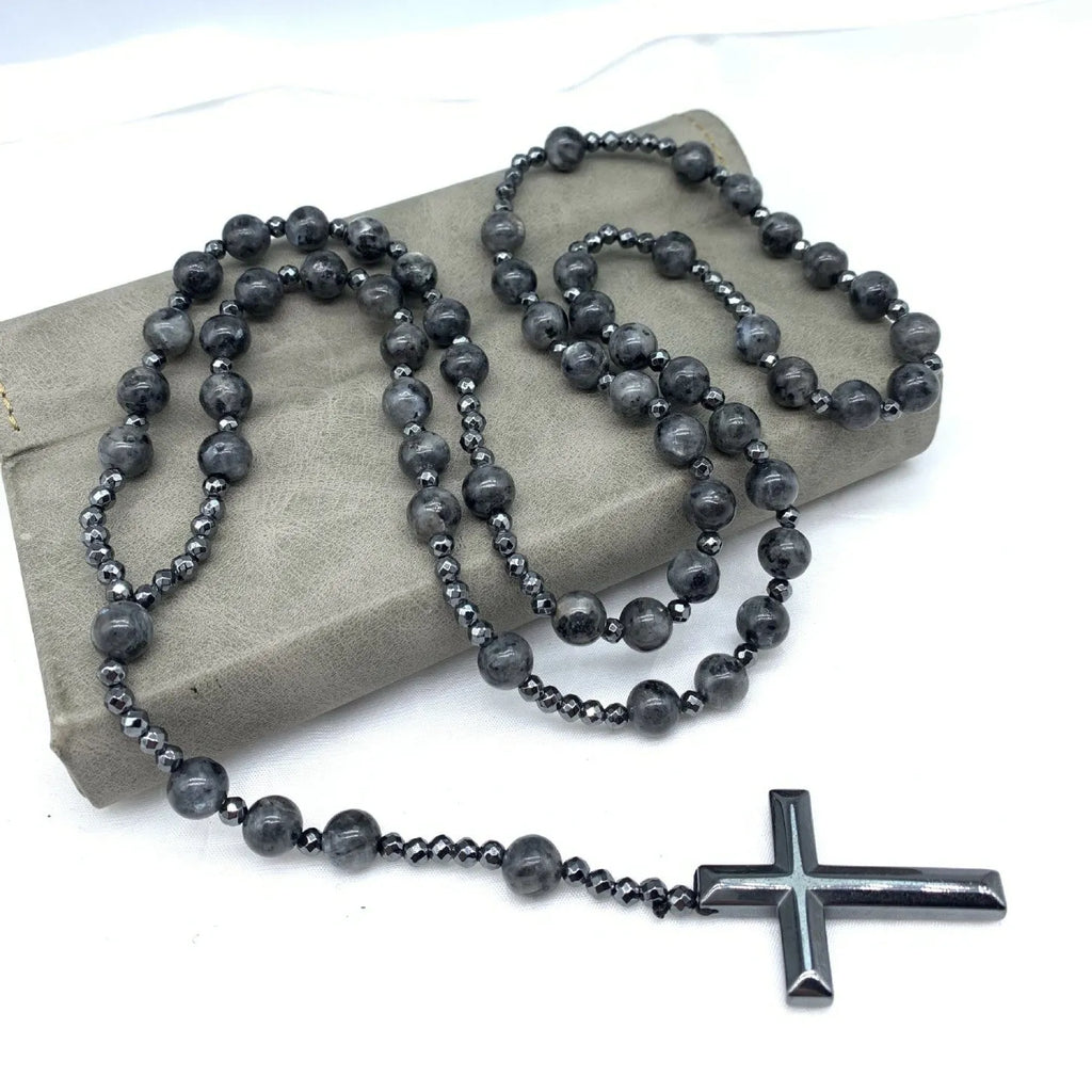 Men's stone cross pendant necklace on ball bead chain with safety lock clasp