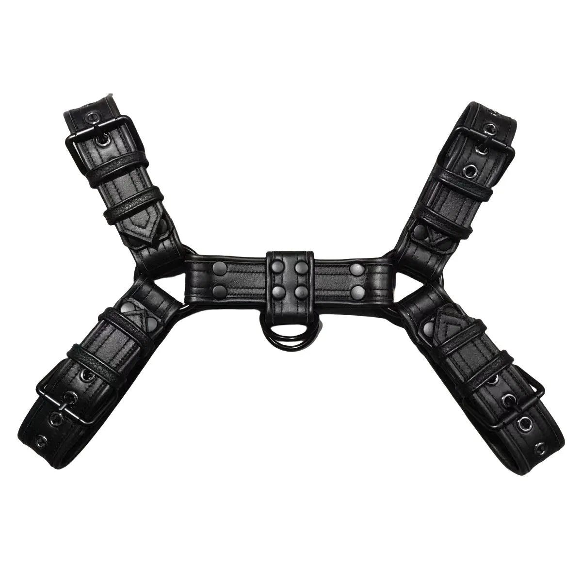 Black leather chest strap with metal buckle and rivets laid flat