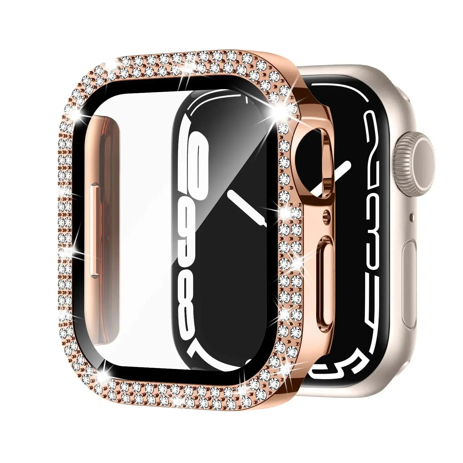 Apple Watch case with double diamond glass in rose pink, gold, silver, transparent, black, Starlight, and rose gold colours.
