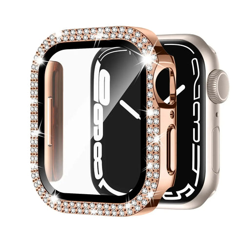 Apple Watch case with double diamond glass in rose pink, gold, silver, transparent, black, Starlight, and rose gold colours.