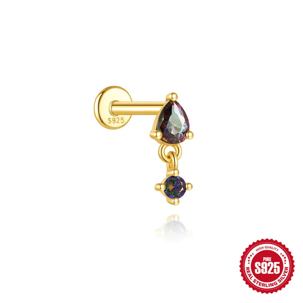 S925 sterling silver piercing earrings with rainbow stone flat head thread in gold colours