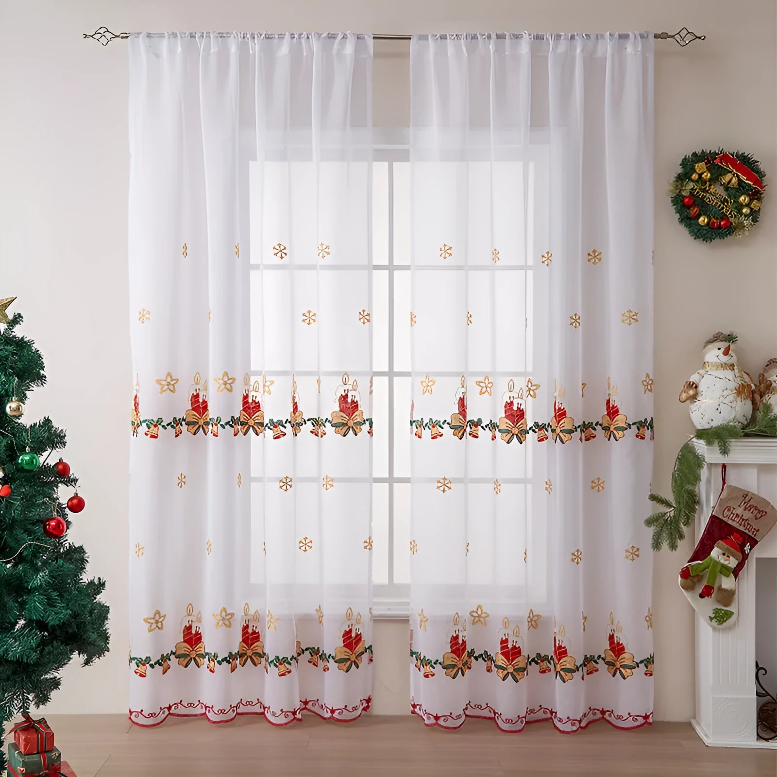 Pair of red and white Christmas curtains with embroidered snowflakes, showing semi-sunshade fabric.