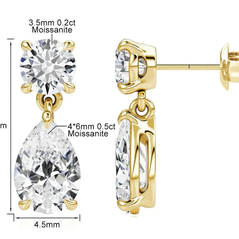 925 sterling silver water drop moissanite stud earrings with geometric design in gold or silver plate