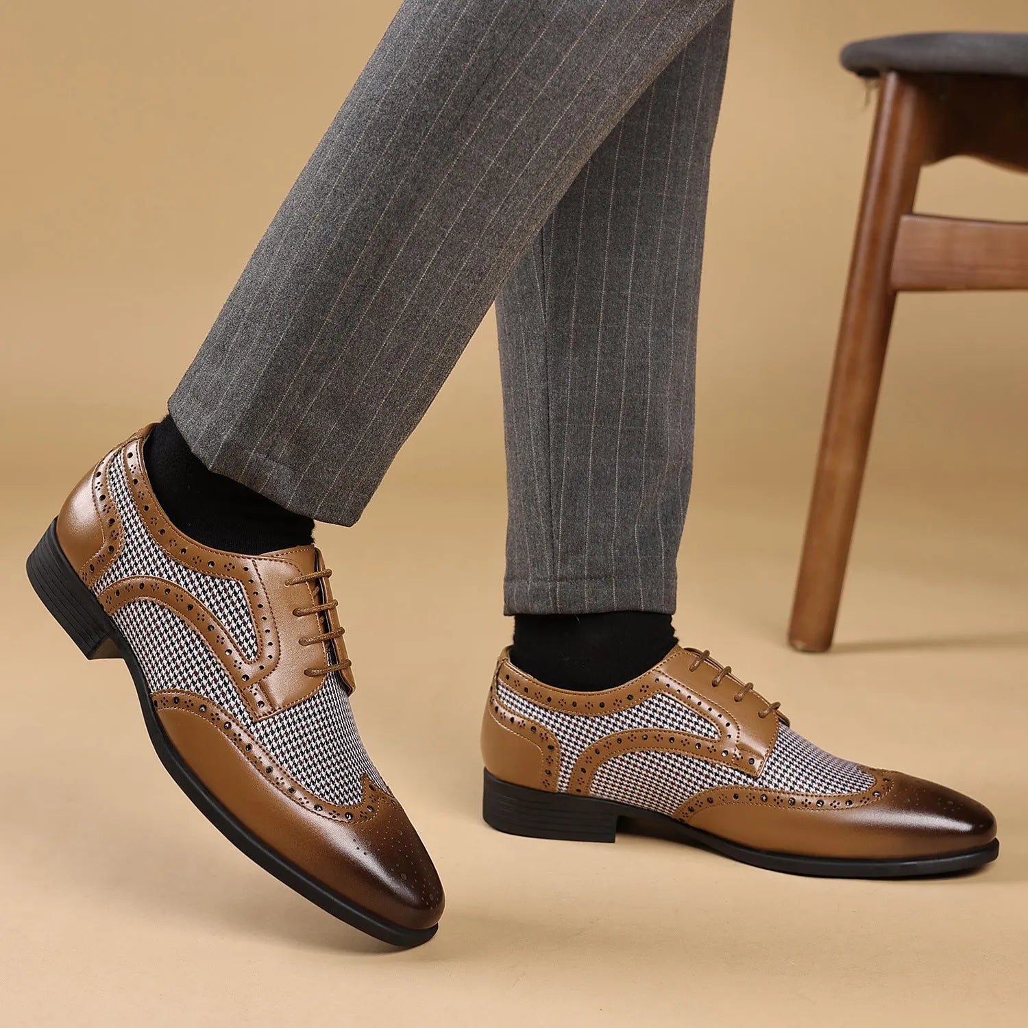 Men's black houndstooth plaid casual shoes with canvas upper, square toe, and rubber sole