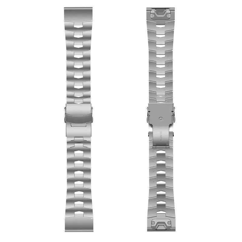 Garmin Fenix metal watch strap replacement in silver, black, and titanium colours showing 22mm and 26mm width options