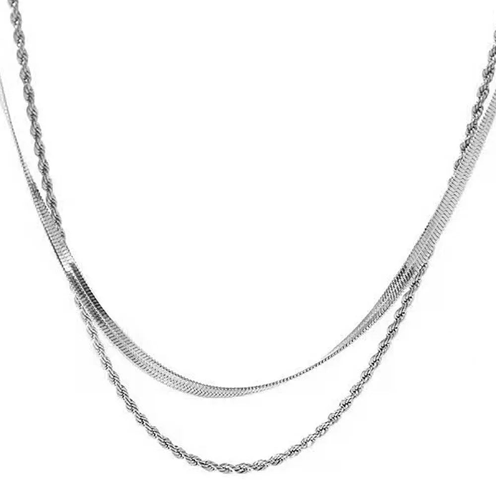 Women's titanium steel geometric necklace with double-layer pendant on adjustable snake bones chain