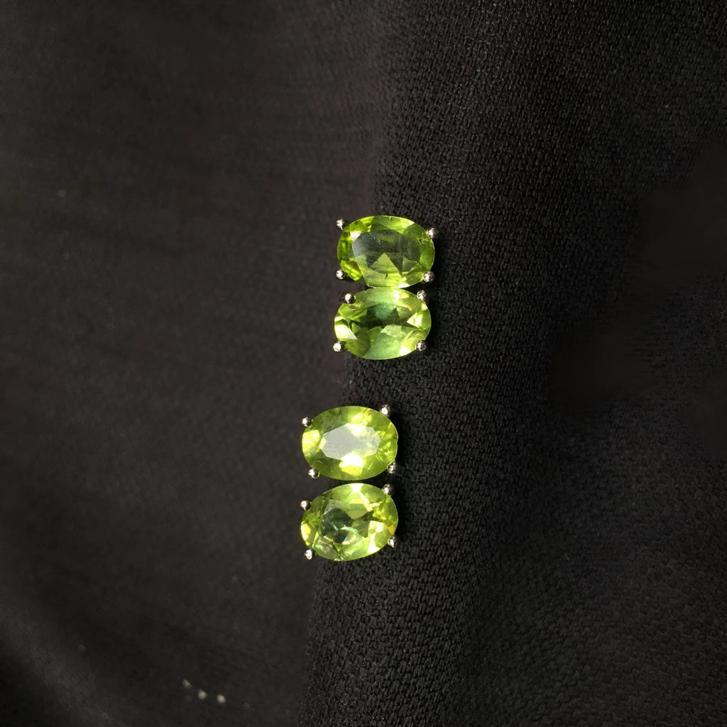 Natural grass green olivine faceted stud earrings in S925 silver, oval stone 6x8mm