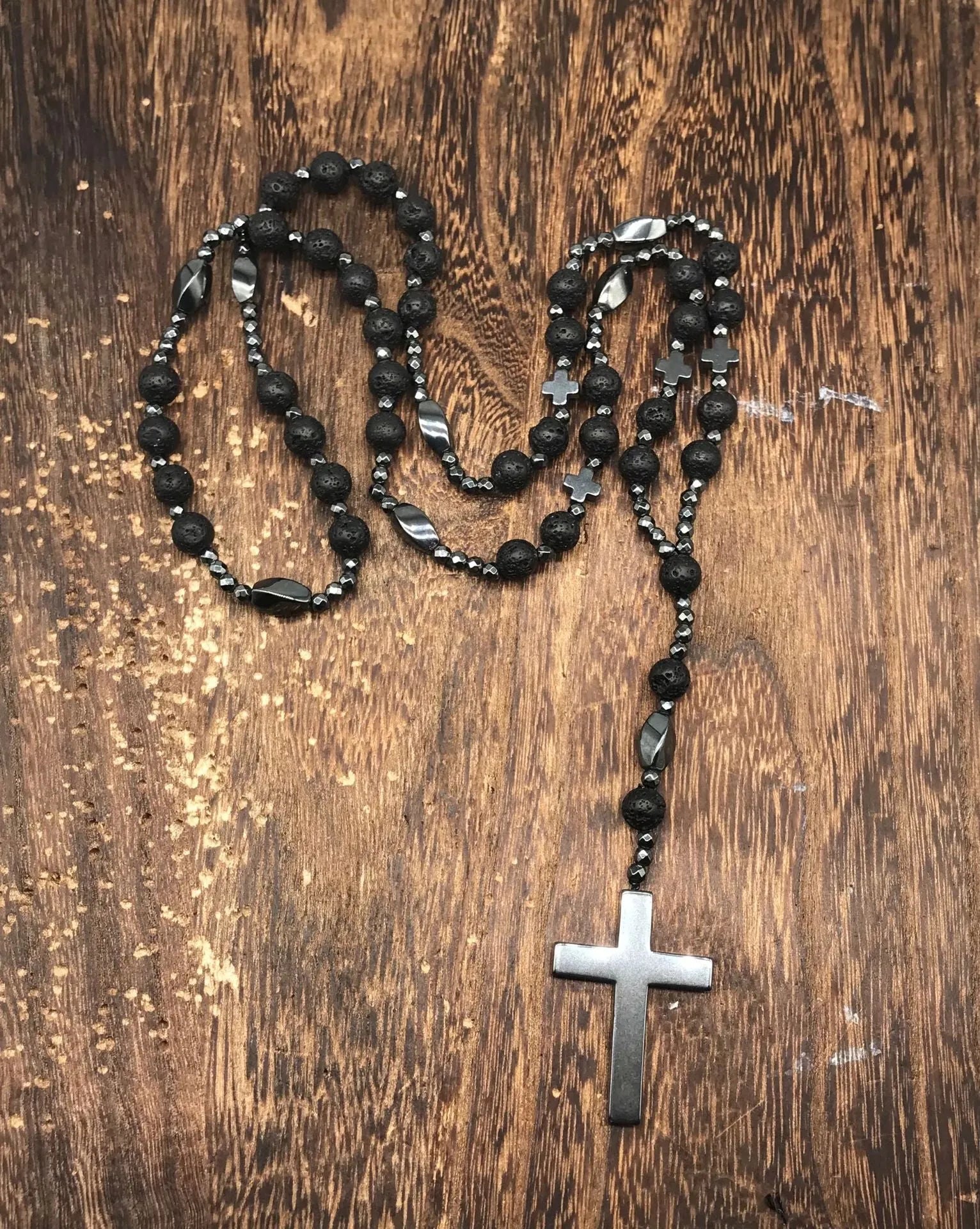 Men's stone cross pendant necklace on ball bead chain with safety lock clasp