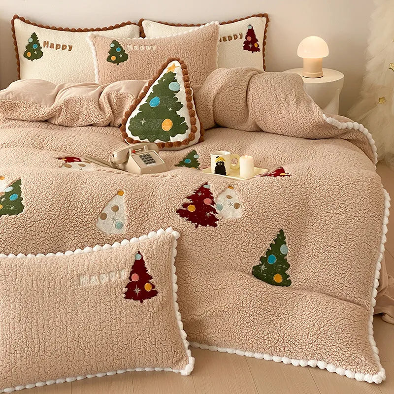 Bright yellow Christmas tree cartoon bedding set with fleece lining on bed