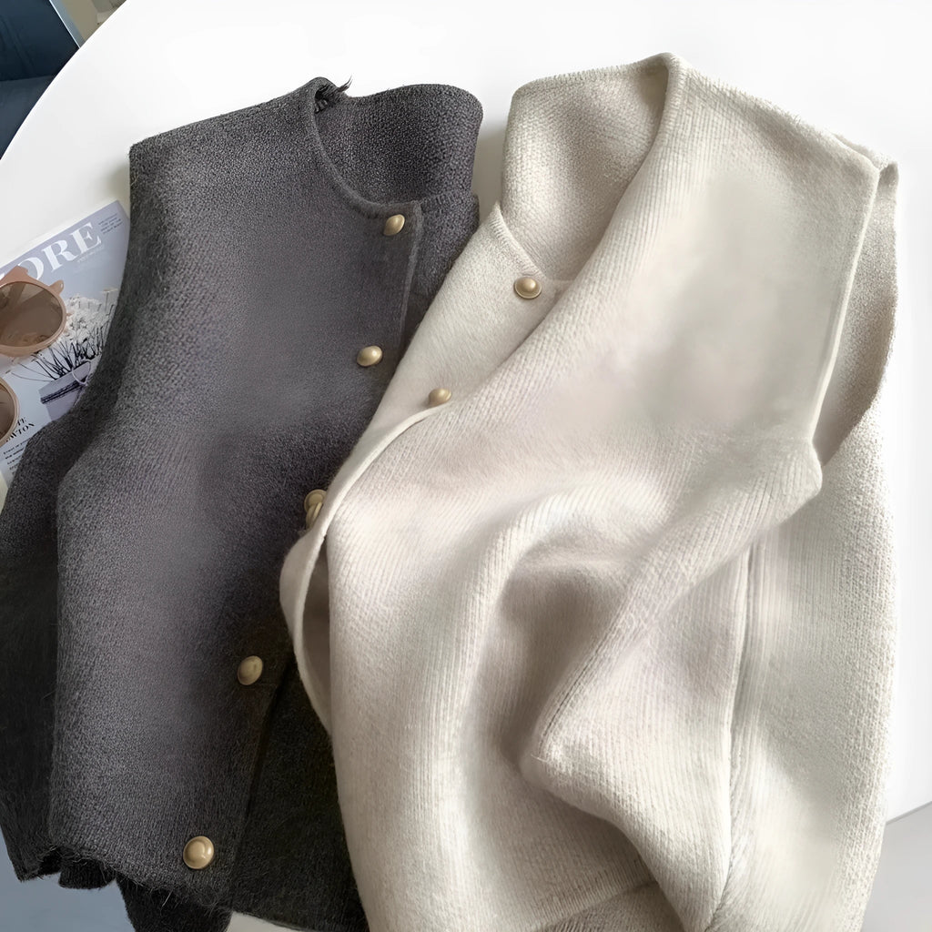 Women's grey V-neck polyester pullover vest with half-length sleeves laid flat