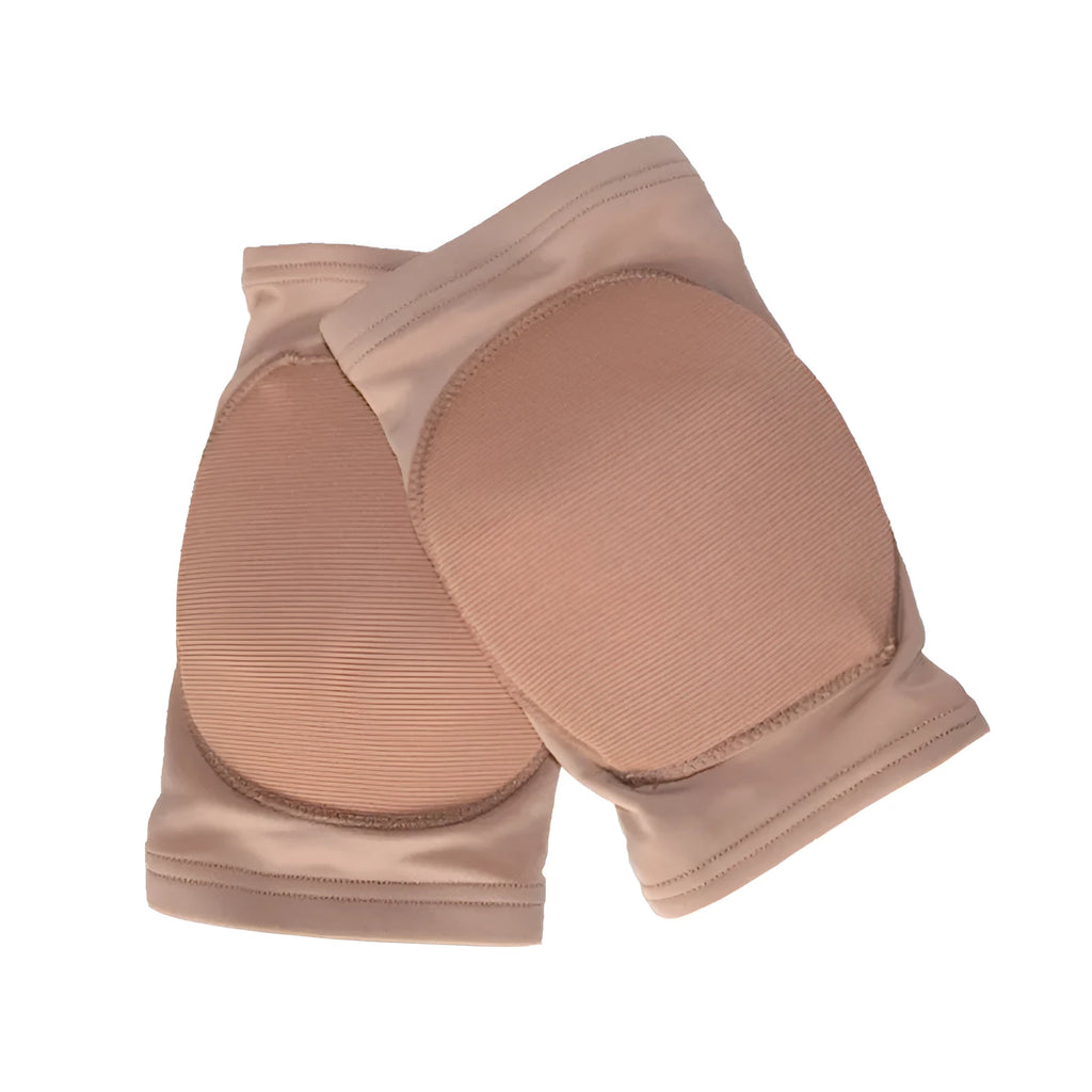 Ballet dance knee pads in skin colour and black colours, showing kneecap protection design