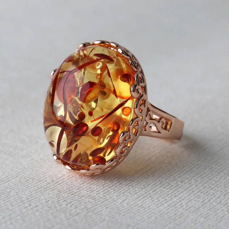 Adjustable beeswax amber ring with ethnic retro design featuring New Amber Type A gemstone on alloy band