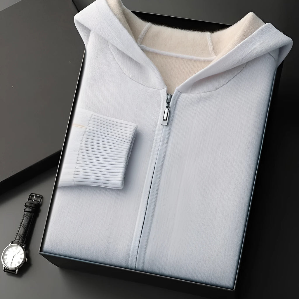 Men's dark blue cashmere cardigan sweater with half-high collar and front zipper