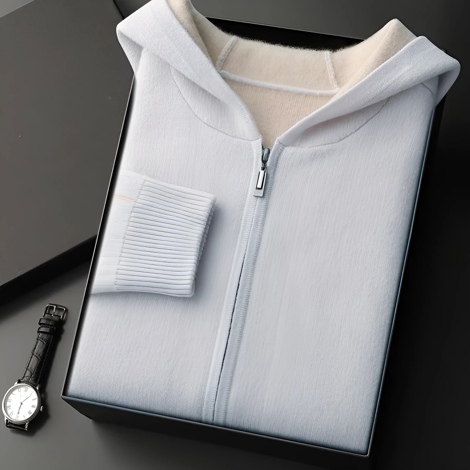 Men's dark blue cashmere cardigan sweater with half-high collar and front zipper