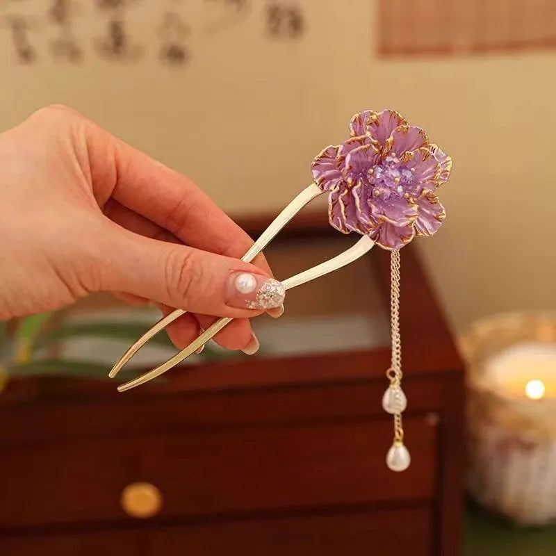Purple and white peony flower tassel U-shaped hairpin with alloy construction