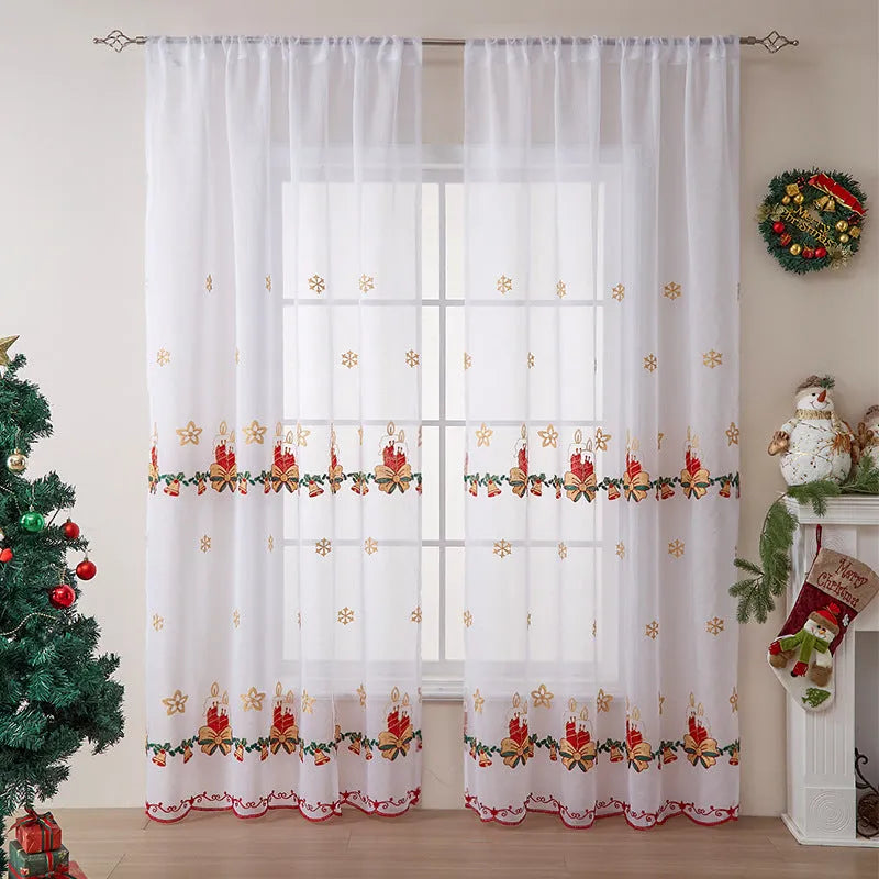 Pair of red and white Christmas curtains with embroidered snowflakes, showing semi-sunshade fabric.