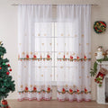 Pair of red and white Christmas curtains with embroidered snowflakes, showing semi-sunshade fabric.