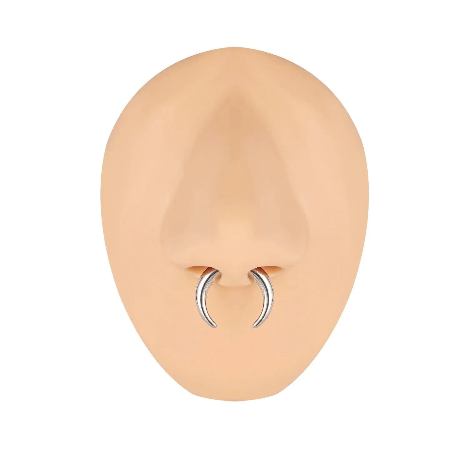 316 stainless steel C-shaped buffalo horn nose ring in black and steel colour on grey background.