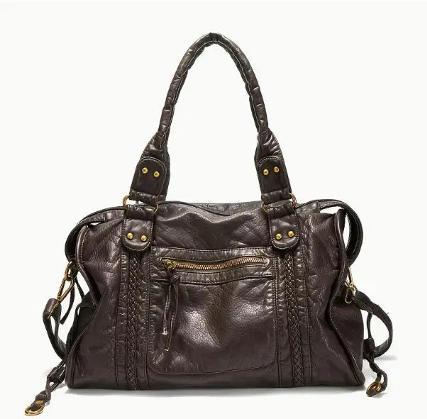 Women's brown retro motorcycle shoulder messenger bag with square shape and woven texture