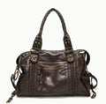 Women's brown retro motorcycle shoulder messenger bag with square shape and woven texture
