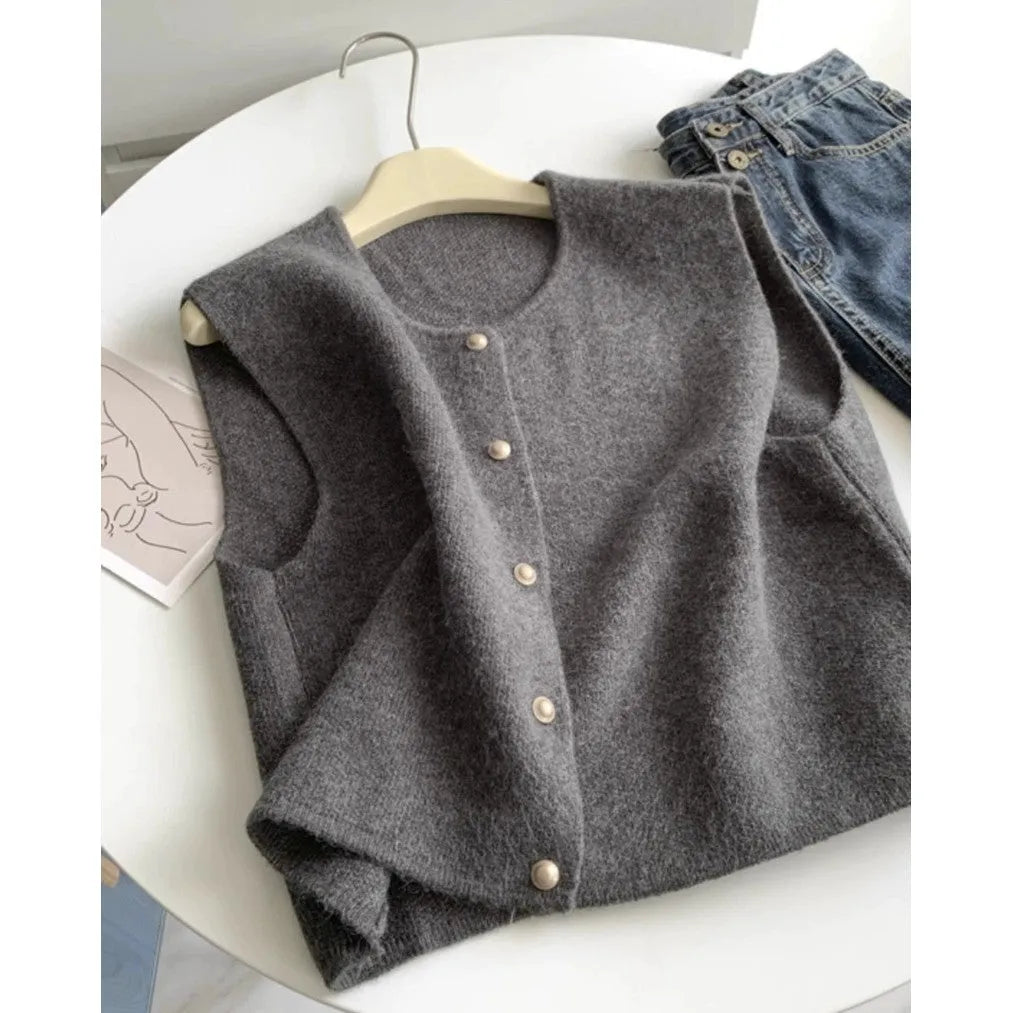 Women's grey V-neck polyester pullover vest with half-length sleeves laid flat