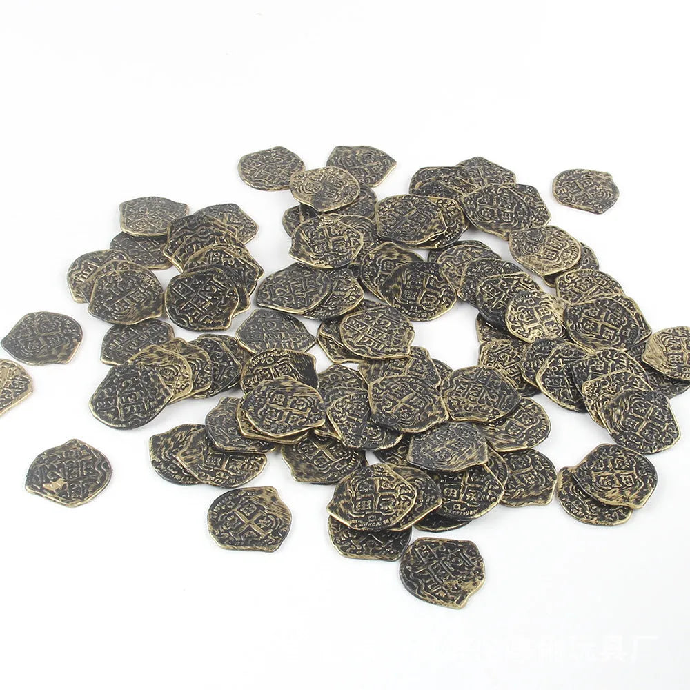 Plastic Roman coin replicas with electroplated bronze, gold or silver finish, 100 pieces per set