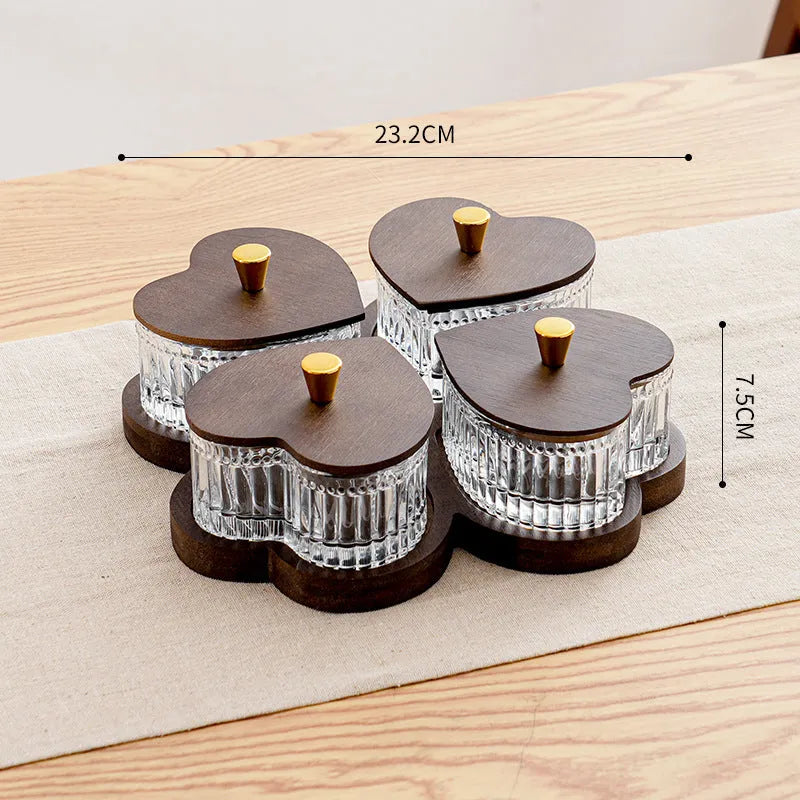 Glass snack platter with heart-shaped lids and multiple grid compartments in retro style