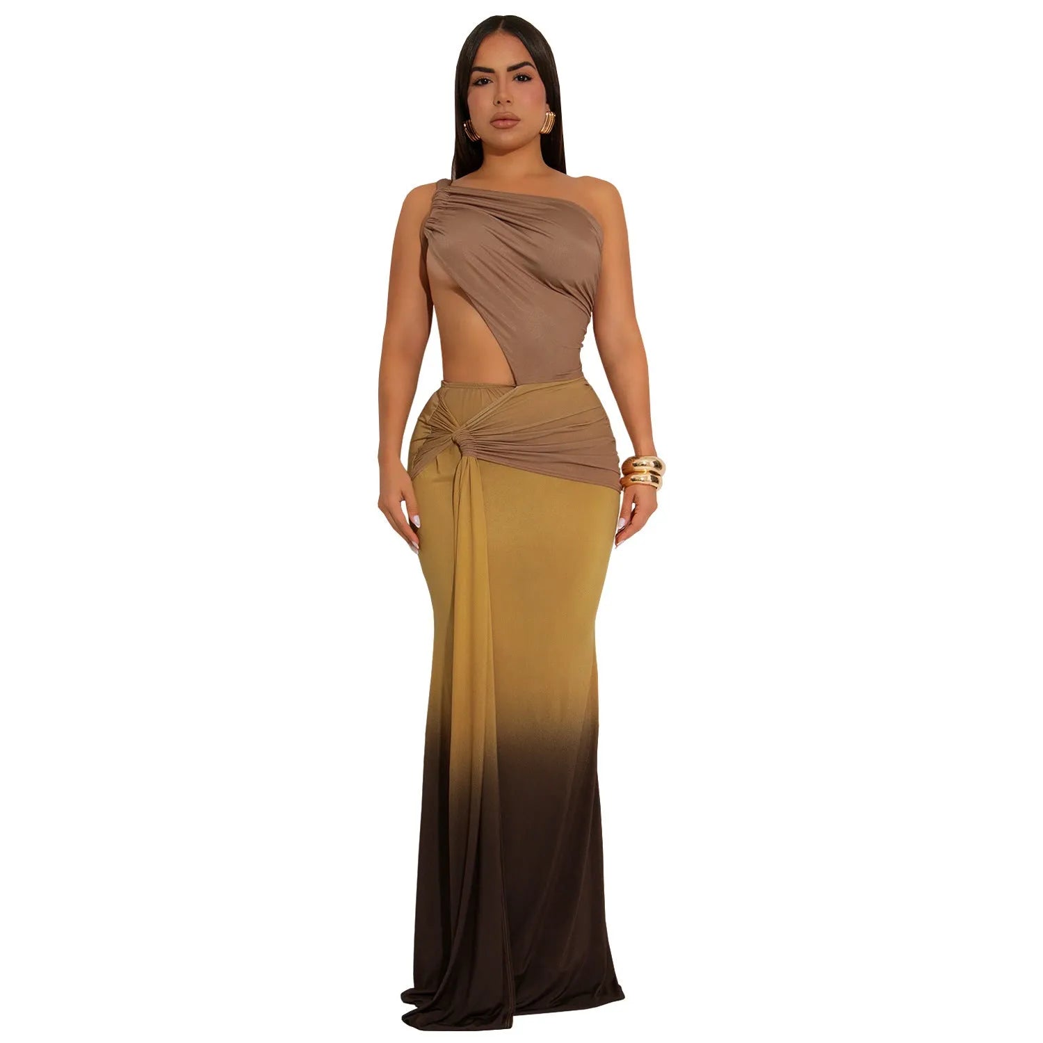 Women's gradient colour cross-shoulder dress with long skirt length in brown, green, or red shades