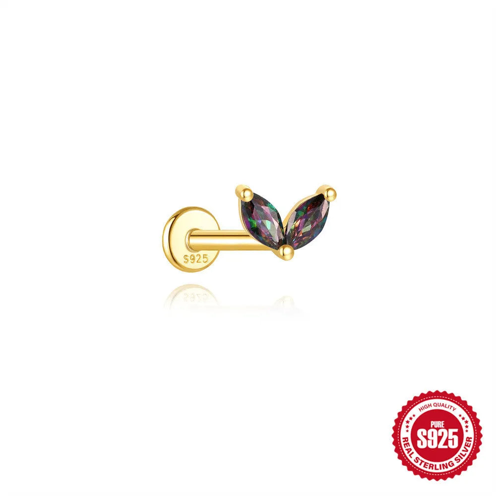 S925 sterling silver piercing earrings with rainbow stone flat head thread in gold colours