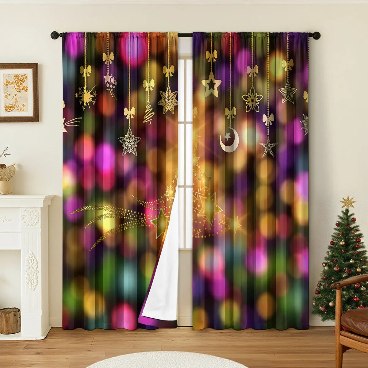 Pair of 3D digitally printed Christmas curtains in European style design on polyester fabric