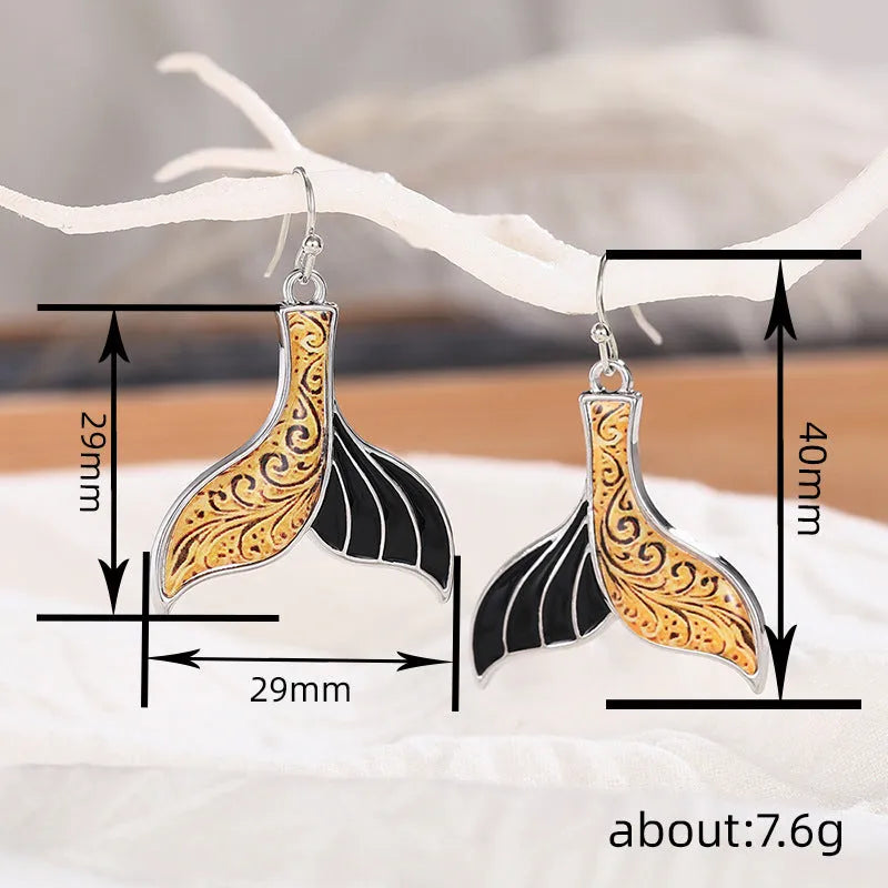Women's retro-style alloy earrings with personalised fishtail whale design in white gold colour
