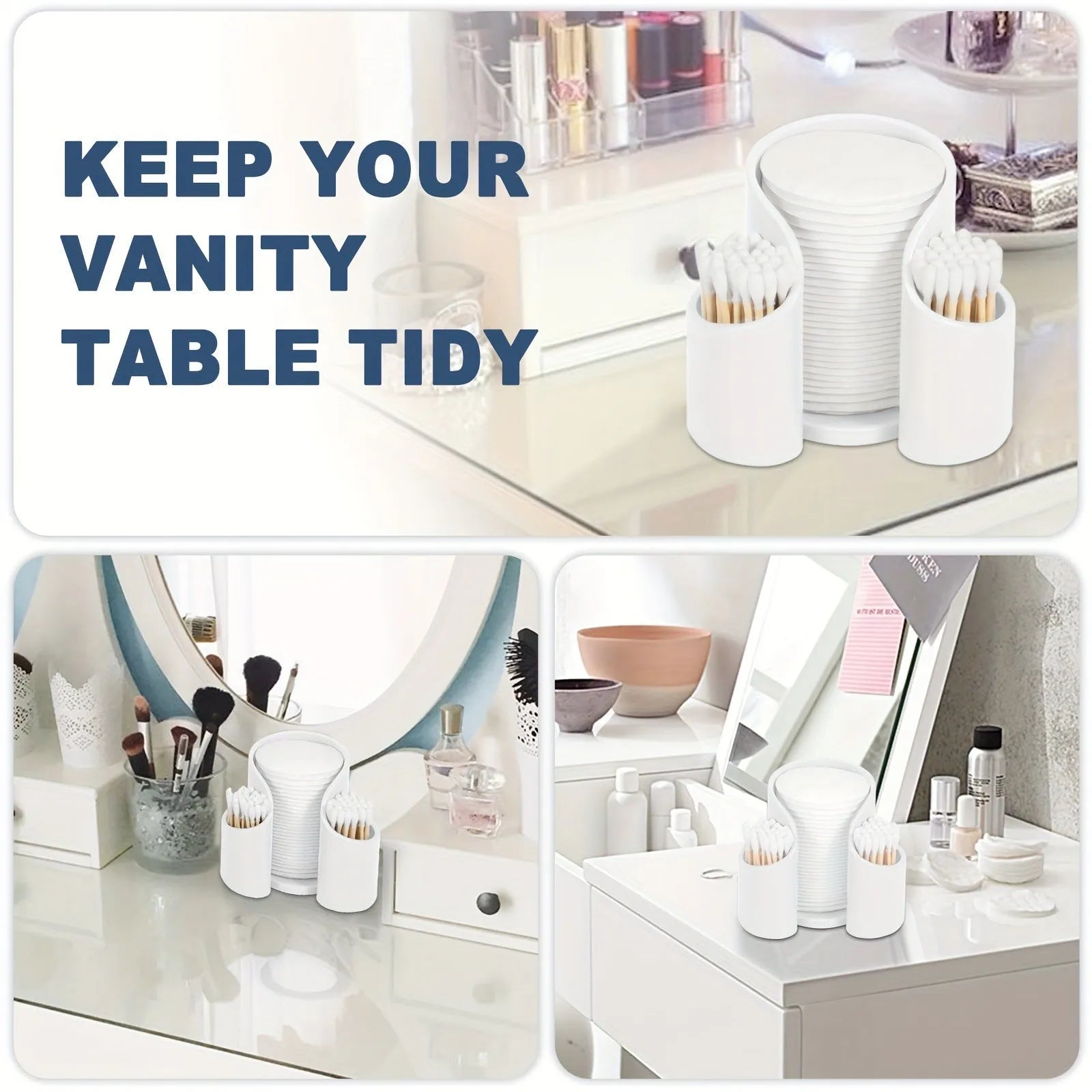 Modern solid colour plastic cotton storage box with an integrated dental floss dispenser.