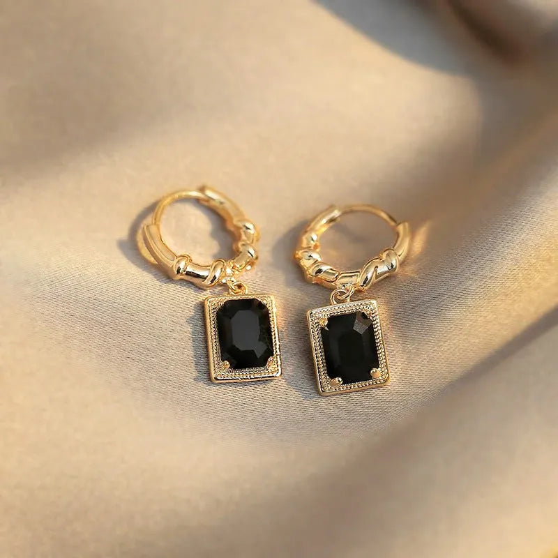 Geometric quadrilateral black zircon French Court drop earrings in E2506 black copper construction