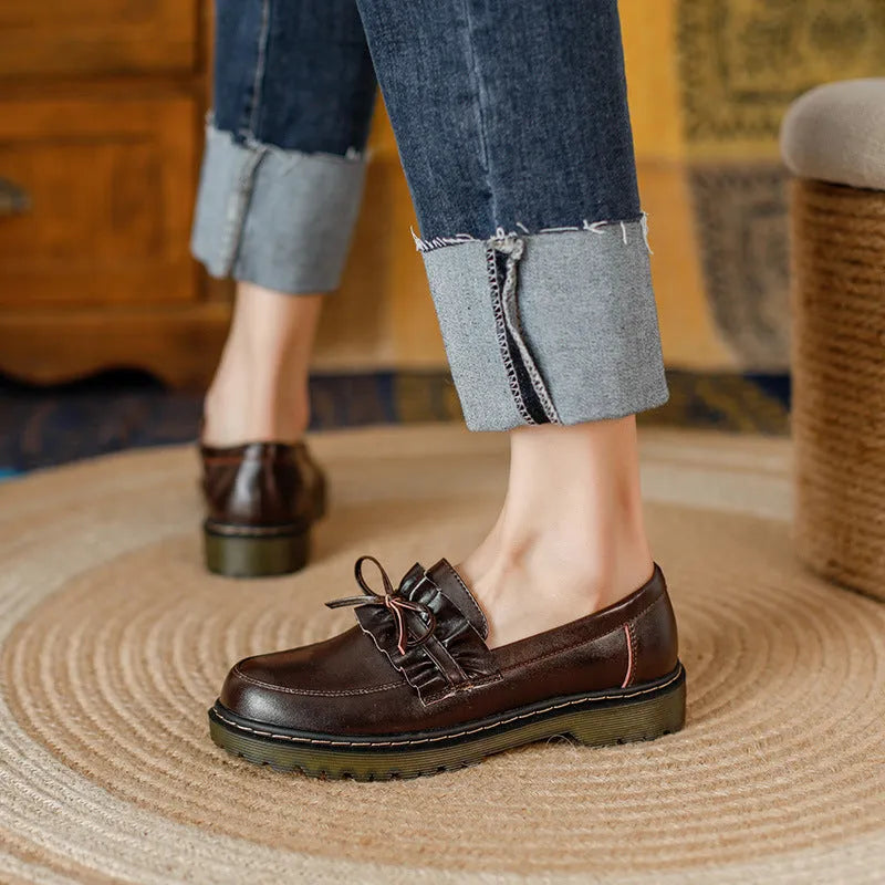 British style round head chunky low heel women's leather shoes in black and brown colours