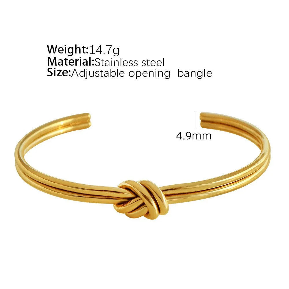 Adjustable stainless steel bracelet with knotted double-layer design in gold plating