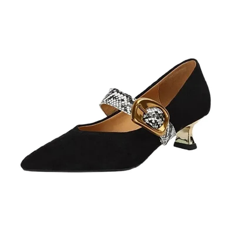 Women's black French pointed high heels with stiletto heel and buckle fastening